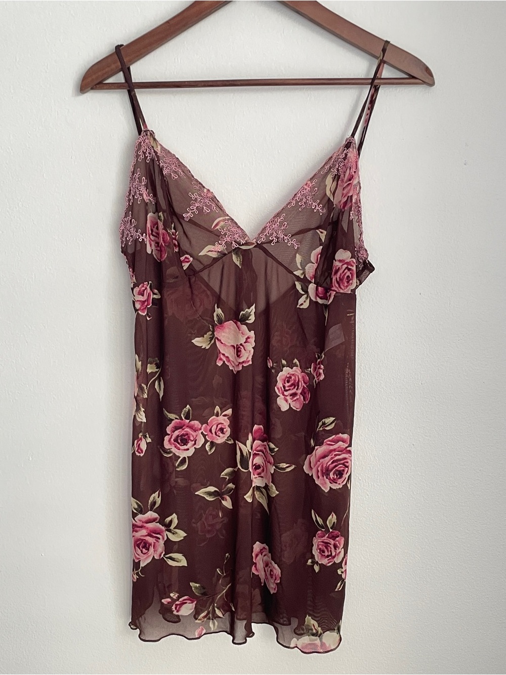 Y2K Floral Lace Coquette Fairy Slip Dress Medium Brown V-Neck Sheer Shabby Chic - Picture 7 of 9